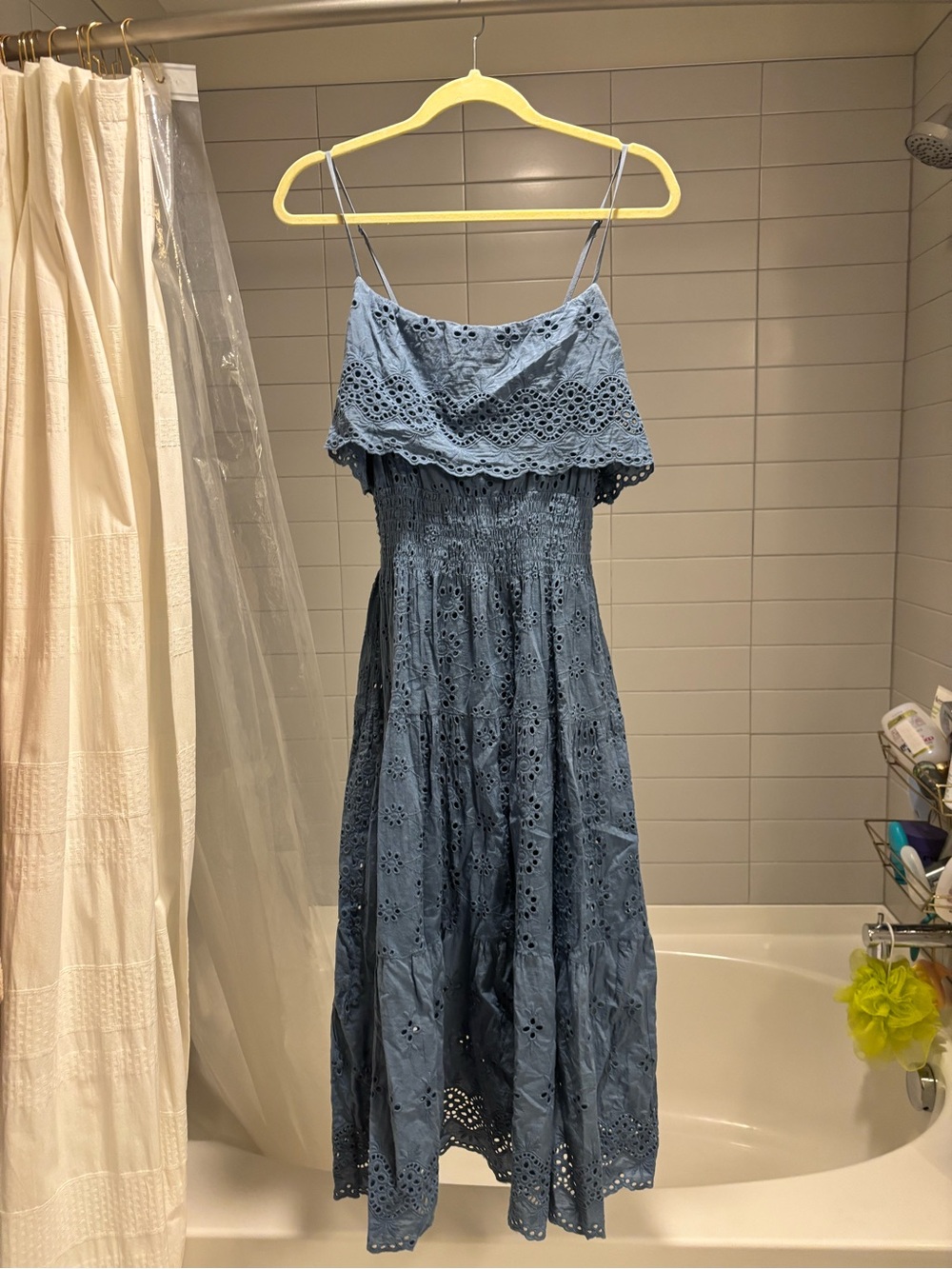 Elan Steel Blue Eyelet Midi Dress with Spaghetti Straps